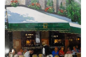 真作　斎藤要　「午後のカフェ」　F4(4号)　絵画(喫茶店、油彩、油絵、サイン付き、肉筆、額装)(R-079907)