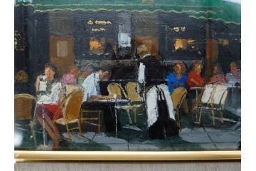 真作　斎藤要　「午後のカフェ」　F4(4号)　絵画(喫茶店、油彩、油絵、サイン付き、肉筆、額装)(R-079907)