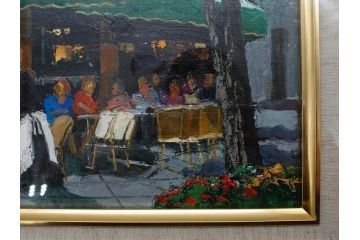 真作　斎藤要　「午後のカフェ」　F4(4号)　絵画(喫茶店、油彩、油絵、サイン付き、肉筆、額装)(R-079907)