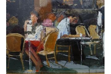 真作　斎藤要　「午後のカフェ」　F4(4号)　絵画(喫茶店、油彩、油絵、サイン付き、肉筆、額装)(R-079907)
