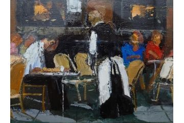 真作　斎藤要　「午後のカフェ」　F4(4号)　絵画(喫茶店、油彩、油絵、サイン付き、肉筆、額装)(R-079907)