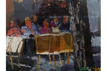 真作　斎藤要　「午後のカフェ」　F4(4号)　絵画(喫茶店、油彩、油絵、サイン付き、肉筆、額装)(R-079907)