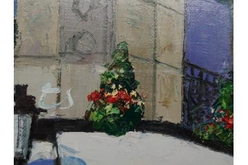 真作　斎藤要　「午後のカフェ」　F4(4号)　絵画(喫茶店、油彩、油絵、サイン付き、肉筆、額装)(R-079907)