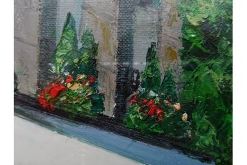 真作　斎藤要　「午後のカフェ」　F4(4号)　絵画(喫茶店、油彩、油絵、サイン付き、肉筆、額装)(R-079907)