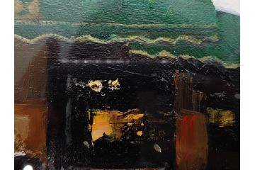 真作　斎藤要　「午後のカフェ」　F4(4号)　絵画(喫茶店、油彩、油絵、サイン付き、肉筆、額装)(R-079907)