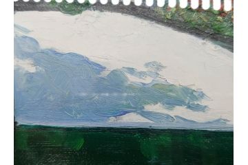 真作　斎藤要　「午後のカフェ」　F4(4号)　絵画(喫茶店、油彩、油絵、サイン付き、肉筆、額装)(R-079907)