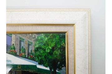 真作　斎藤要　「午後のカフェ」　F4(4号)　絵画(喫茶店、油彩、油絵、サイン付き、肉筆、額装)(R-079907)