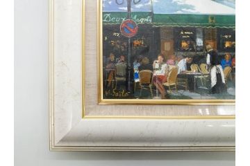真作　斎藤要　「午後のカフェ」　F4(4号)　絵画(喫茶店、油彩、油絵、サイン付き、肉筆、額装)(R-079907)