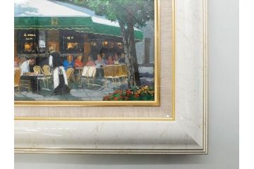 真作　斎藤要　「午後のカフェ」　F4(4号)　絵画(喫茶店、油彩、油絵、サイン付き、肉筆、額装)(R-079907)