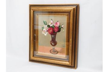 真作　一水会委員 鈴木益躬　「ベネチアグラスの花」　F6(6号)　絵画(油彩、椿、花瓶、油絵、サイン付き、肉筆、額装、ヴェネチアン)(R-079908)