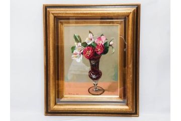 真作　一水会委員 鈴木益躬　「ベネチアグラスの花」　F6(6号)　絵画(油彩、椿、花瓶、油絵、サイン付き、肉筆、額装、ヴェネチアン)(R-079908)