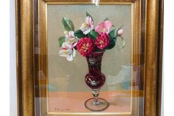 真作　一水会委員 鈴木益躬　「ベネチアグラスの花」　F6(6号)　絵画(油彩、椿、花瓶、油絵、サイン付き、肉筆、額装、ヴェネチアン)(R-079908)