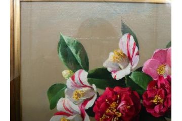 真作　一水会委員 鈴木益躬　「ベネチアグラスの花」　F6(6号)　絵画(油彩、椿、花瓶、油絵、サイン付き、肉筆、額装、ヴェネチアン)(R-079908)