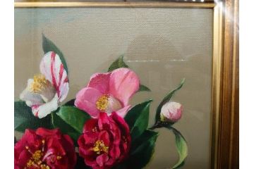 真作　一水会委員 鈴木益躬　「ベネチアグラスの花」　F6(6号)　絵画(油彩、椿、花瓶、油絵、サイン付き、肉筆、額装、ヴェネチアン)(R-079908)