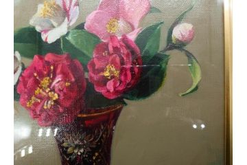 真作　一水会委員 鈴木益躬　「ベネチアグラスの花」　F6(6号)　絵画(油彩、椿、花瓶、油絵、サイン付き、肉筆、額装、ヴェネチアン)(R-079908)