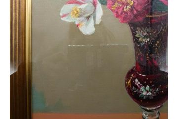 真作　一水会委員 鈴木益躬　「ベネチアグラスの花」　F6(6号)　絵画(油彩、椿、花瓶、油絵、サイン付き、肉筆、額装、ヴェネチアン)(R-079908)