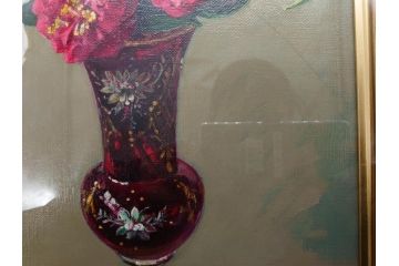 真作　一水会委員 鈴木益躬　「ベネチアグラスの花」　F6(6号)　絵画(油彩、椿、花瓶、油絵、サイン付き、肉筆、額装、ヴェネチアン)(R-079908)