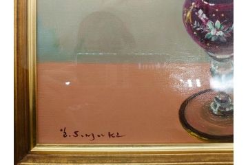 真作　一水会委員 鈴木益躬　「ベネチアグラスの花」　F6(6号)　絵画(油彩、椿、花瓶、油絵、サイン付き、肉筆、額装、ヴェネチアン)(R-079908)