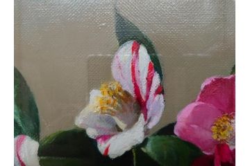 真作　一水会委員 鈴木益躬　「ベネチアグラスの花」　F6(6号)　絵画(油彩、椿、花瓶、油絵、サイン付き、肉筆、額装、ヴェネチアン)(R-079908)