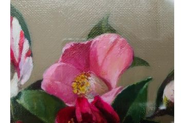 真作　一水会委員 鈴木益躬　「ベネチアグラスの花」　F6(6号)　絵画(油彩、椿、花瓶、油絵、サイン付き、肉筆、額装、ヴェネチアン)(R-079908)