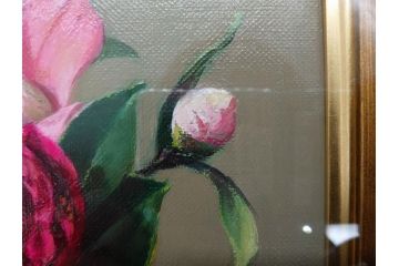 真作　一水会委員 鈴木益躬　「ベネチアグラスの花」　F6(6号)　絵画(油彩、椿、花瓶、油絵、サイン付き、肉筆、額装、ヴェネチアン)(R-079908)