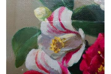 真作　一水会委員 鈴木益躬　「ベネチアグラスの花」　F6(6号)　絵画(油彩、椿、花瓶、油絵、サイン付き、肉筆、額装、ヴェネチアン)(R-079908)