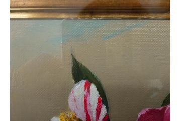 真作　一水会委員 鈴木益躬　「ベネチアグラスの花」　F6(6号)　絵画(油彩、椿、花瓶、油絵、サイン付き、肉筆、額装、ヴェネチアン)(R-079908)