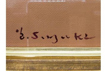 真作　一水会委員 鈴木益躬　「ベネチアグラスの花」　F6(6号)　絵画(油彩、椿、花瓶、油絵、サイン付き、肉筆、額装、ヴェネチアン)(R-079908)