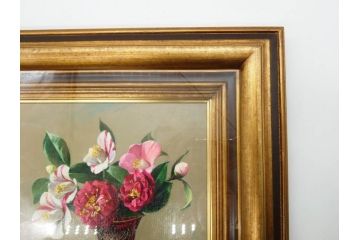 真作　一水会委員 鈴木益躬　「ベネチアグラスの花」　F6(6号)　絵画(油彩、椿、花瓶、油絵、サイン付き、肉筆、額装、ヴェネチアン)(R-079908)