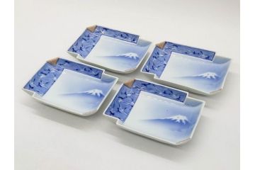 戦前　深川製磁　オールド深川　有田焼　染付　富士山　約16cm　5.1寸　優雅に舞う鶴が魅力の変形皿4枚セット(ツル、風景、金彩、中皿、なます皿、和皿、和食器、裏印、五寸一分)(R-079910)