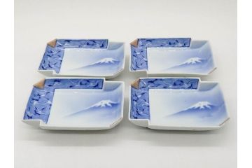 戦前　深川製磁　オールド深川　有田焼　染付　富士山　約16cm　5.1寸　優雅に舞う鶴が魅力の変形皿4枚セット(ツル、風景、金彩、中皿、なます皿、和皿、和食器、裏印、五寸一分)(R-079910)