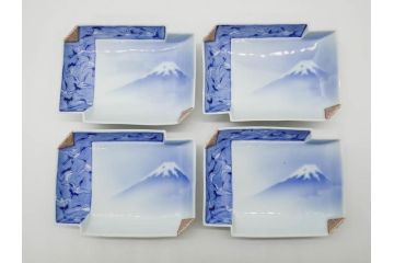 戦前　深川製磁　オールド深川　有田焼　染付　富士山　約16cm　5.1寸　優雅に舞う鶴が魅力の変形皿4枚セット(ツル、風景、金彩、中皿、なます皿、和皿、和食器、裏印、五寸一分)(R-079910)