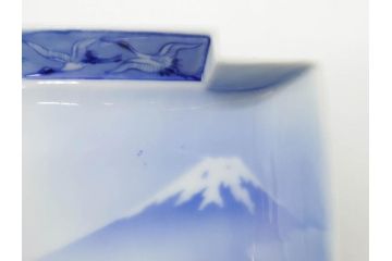 戦前　深川製磁　オールド深川　有田焼　染付　富士山　約16cm　5.1寸　優雅に舞う鶴が魅力の変形皿4枚セット(ツル、風景、金彩、中皿、なます皿、和皿、和食器、裏印、五寸一分)(R-079910)
