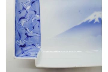 戦前　深川製磁　オールド深川　有田焼　染付　富士山　約16cm　5.1寸　優雅に舞う鶴が魅力の変形皿4枚セット(ツル、風景、金彩、中皿、なます皿、和皿、和食器、裏印、五寸一分)(R-079910)