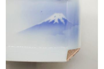 戦前　深川製磁　オールド深川　有田焼　染付　富士山　約16cm　5.1寸　優雅に舞う鶴が魅力の変形皿4枚セット(ツル、風景、金彩、中皿、なます皿、和皿、和食器、裏印、五寸一分)(R-079910)