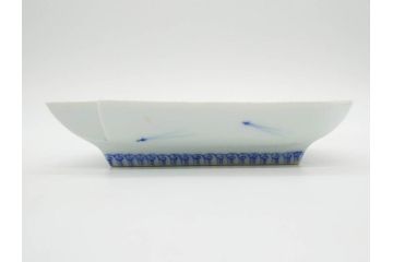 戦前　深川製磁　オールド深川　有田焼　染付　富士山　約16cm　5.1寸　優雅に舞う鶴が魅力の変形皿4枚セット(ツル、風景、金彩、中皿、なます皿、和皿、和食器、裏印、五寸一分)(R-079910)
