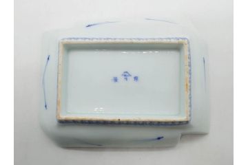 戦前　深川製磁　オールド深川　有田焼　染付　富士山　約16cm　5.1寸　優雅に舞う鶴が魅力の変形皿4枚セット(ツル、風景、金彩、中皿、なます皿、和皿、和食器、裏印、五寸一分)(R-079910)