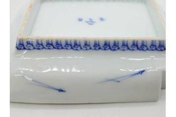 戦前　深川製磁　オールド深川　有田焼　染付　富士山　約16cm　5.1寸　優雅に舞う鶴が魅力の変形皿4枚セット(ツル、風景、金彩、中皿、なます皿、和皿、和食器、裏印、五寸一分)(R-079910)