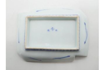 戦前　深川製磁　オールド深川　有田焼　染付　富士山　約16cm　5.1寸　優雅に舞う鶴が魅力の変形皿4枚セット(ツル、風景、金彩、中皿、なます皿、和皿、和食器、裏印、五寸一分)(R-079910)
