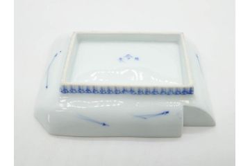 戦前　深川製磁　オールド深川　有田焼　染付　富士山　約16cm　5.1寸　優雅に舞う鶴が魅力の変形皿4枚セット(ツル、風景、金彩、中皿、なます皿、和皿、和食器、裏印、五寸一分)(R-079910)