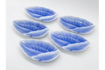 戦前　オールド香蘭社　有田焼　染付　葉形　葉皿　約21cm　6.9寸　細かな絵付けが美しい変形皿5枚セット(中皿、和皿、和食器、裏印、六寸九分)(R-079911)