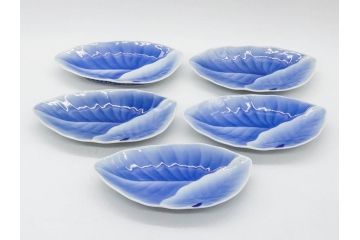 戦前　オールド香蘭社　有田焼　染付　葉形　葉皿　約21cm　6.9寸　細かな絵付けが美しい変形皿5枚セット(中皿、和皿、和食器、裏印、六寸九分)(R-079911)