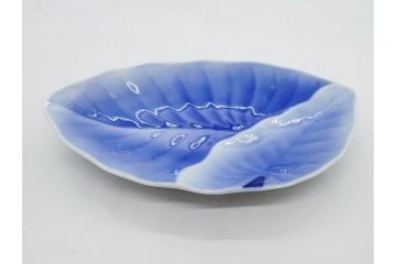 戦前　オールド香蘭社　有田焼　染付　葉形　葉皿　約21cm　6.9寸　細かな絵付けが美しい変形皿5枚セット(中皿、和皿、和食器、裏印、六寸九分)(R-079911)