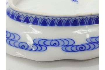 戦前　オールド香蘭社　有田焼　染付　葉形　葉皿　約21cm　6.9寸　細かな絵付けが美しい変形皿5枚セット(中皿、和皿、和食器、裏印、六寸九分)(R-079911)