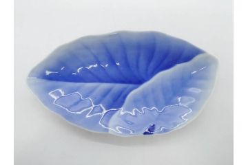 戦前　オールド香蘭社　有田焼　染付　葉形　葉皿　約21cm　6.9寸　細かな絵付けが美しい変形皿5枚セット(中皿、和皿、和食器、裏印、六寸九分)(R-079911)