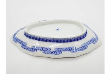 戦前　オールド香蘭社　有田焼　染付　葉形　葉皿　約21cm　6.9寸　細かな絵付けが美しい変形皿5枚セット(中皿、和皿、和食器、裏印、六寸九分)(R-079911)