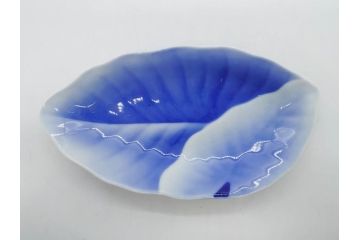 戦前　オールド香蘭社　有田焼　染付　葉形　葉皿　約21cm　6.9寸　細かな絵付けが美しい変形皿5枚セット(中皿、和皿、和食器、裏印、六寸九分)(R-079911)