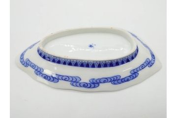 戦前　オールド香蘭社　有田焼　染付　葉形　葉皿　約21cm　6.9寸　細かな絵付けが美しい変形皿5枚セット(中皿、和皿、和食器、裏印、六寸九分)(R-079911)