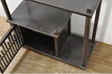 和製ビンテージ　和モダンのお部屋に映える格子扉付きの小さな飾り棚(茶棚、違い棚、収納棚、戸棚、ヴィンテージ)(R-079922)