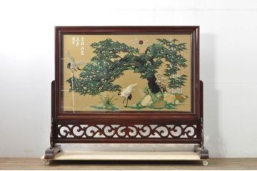 アジアンビンテージ　美品!!　高級品!!　花梨(カリン)材　まるで美術品のような玉石細工が見事な特大衝立て(衝い立て、パーテーション、つい立て、間仕切り、ディスプレイ、店舗什器)(R-079931)